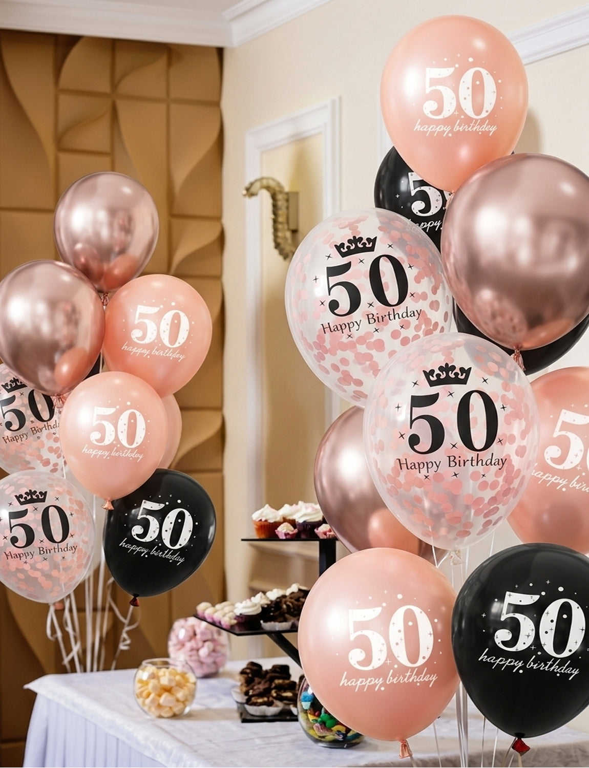 50th Birthday Balloons, Rose Gold and Black Balloons for Party Decor 24 Pcs 12 Inch Happy Birthday Balloons, Metallic and Pearl Rose Gold Balloons with Confetti, 50th Birthday Party Decorations