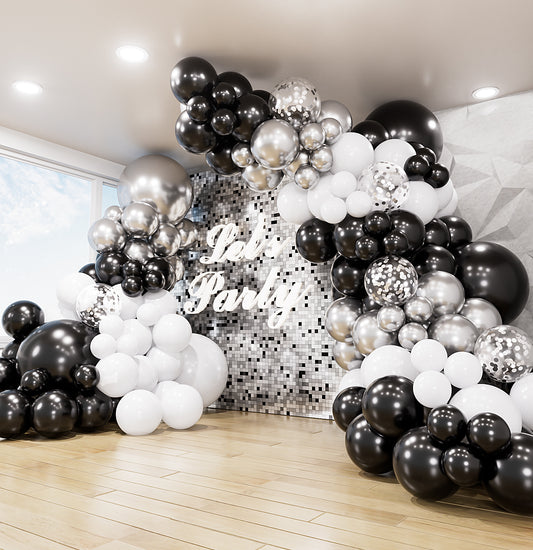 Black White Silver Balloon Arch Kit Garland - 135Pcs Black and White Balloon Arch, Metallic Silver Latex Confetti Balloons for Birthday Baby Shower Wedding Graduation Anniversary Party Decorations