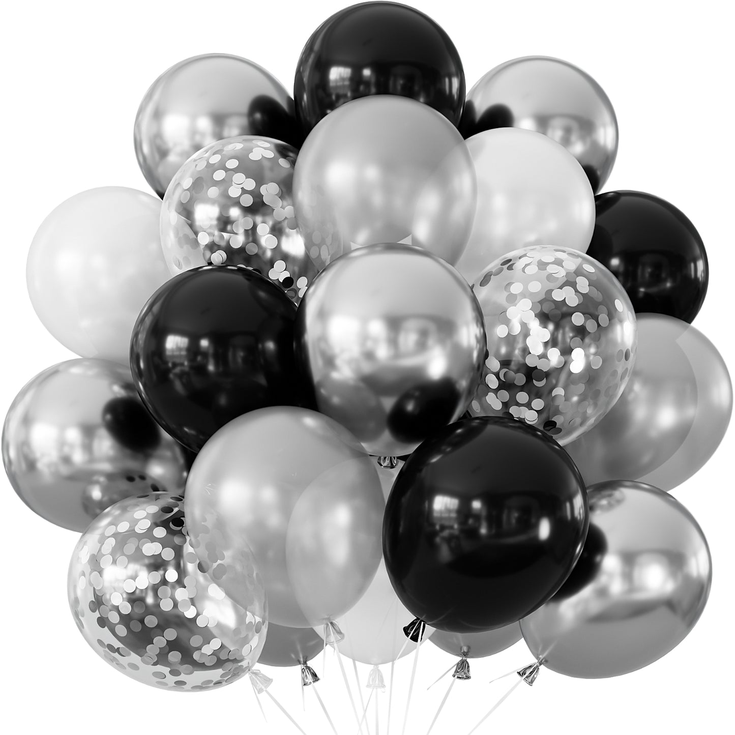 Black and Silver Balloons, 50Pcs Black White and Silver Balloons Glitter Confetti Latex Balloon for Birthday, Wedding, Anniversary & Graduation Party Decorations, 12 Inch
