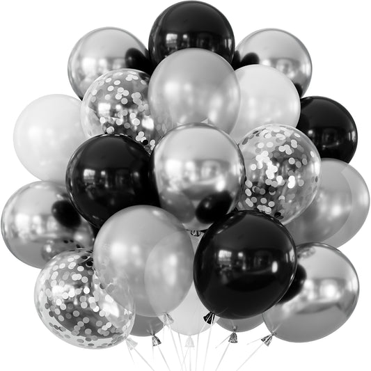 Black and Silver Balloons, 50Pcs Black White and Silver Balloons Glitter Confetti Latex Balloon for Birthday, Wedding, Anniversary & Graduation Party Decorations, 12 Inch