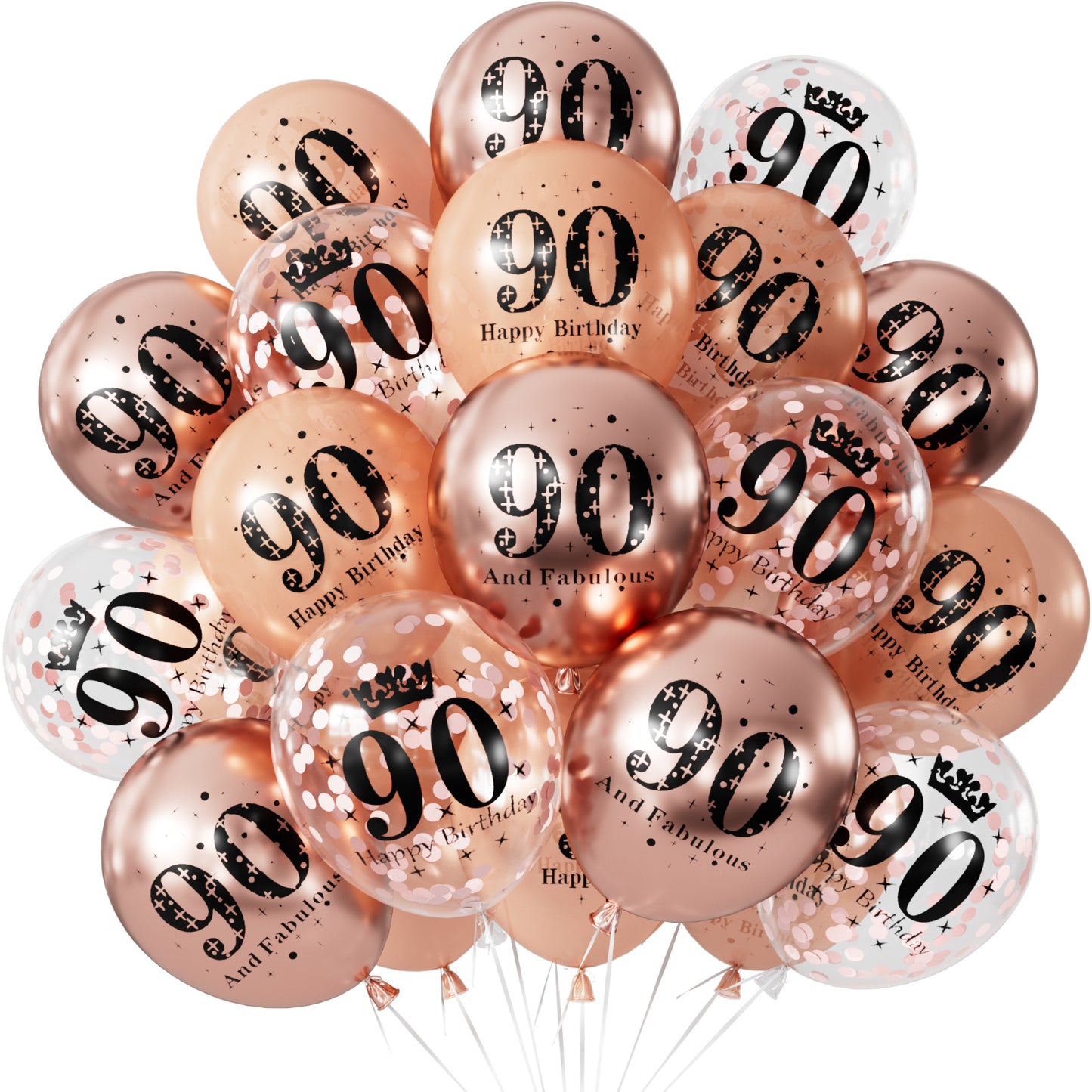 90th Birthday Balloons Decorations - 24 Pcs Birthday Balloons for Women, Metallic Rose Gold Balloon,and Pearl Rose Gold Confetti Balloon for 90 Years Old Hbd Party Decorations, 12 Inch