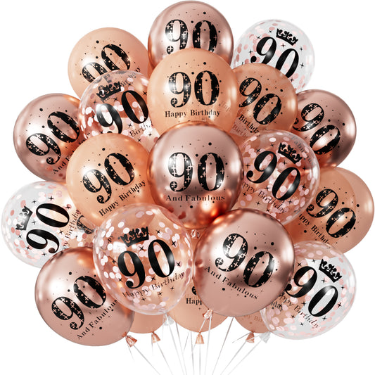 90th Birthday Balloons Decorations - 24 Pcs Birthday Balloons for Women, Metallic Rose Gold Balloon,and Pearl Rose Gold Confetti Balloon for 90 Years Old Hbd Party Decorations, 12 Inch