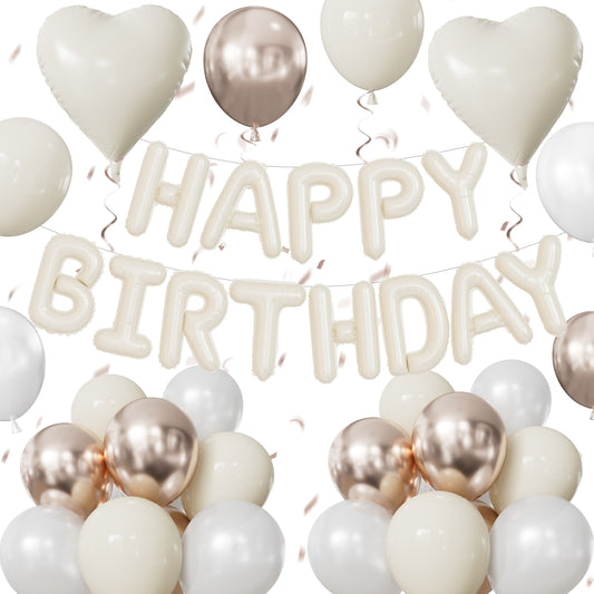 Cream Happy Birthday Balloons Banner - Big Beige Heart Foil Letter Balloon Banner with 12 Inch Metallic Pearl Sand White Balloons for Women Men Birthdays Boho Neutral Party Decorations