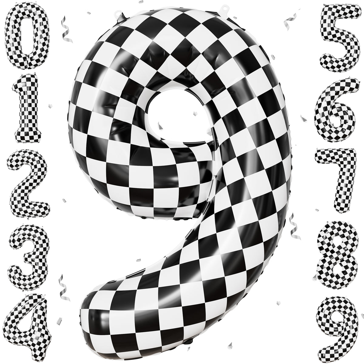 40 Inch Checkered Number 9 Balloon for Racing Birthday Decorations Large Number 9 Balloon, Black and White Foil Balloon for Birthday, Baby Shower, Race Car and Checkered Flag Party Decorations