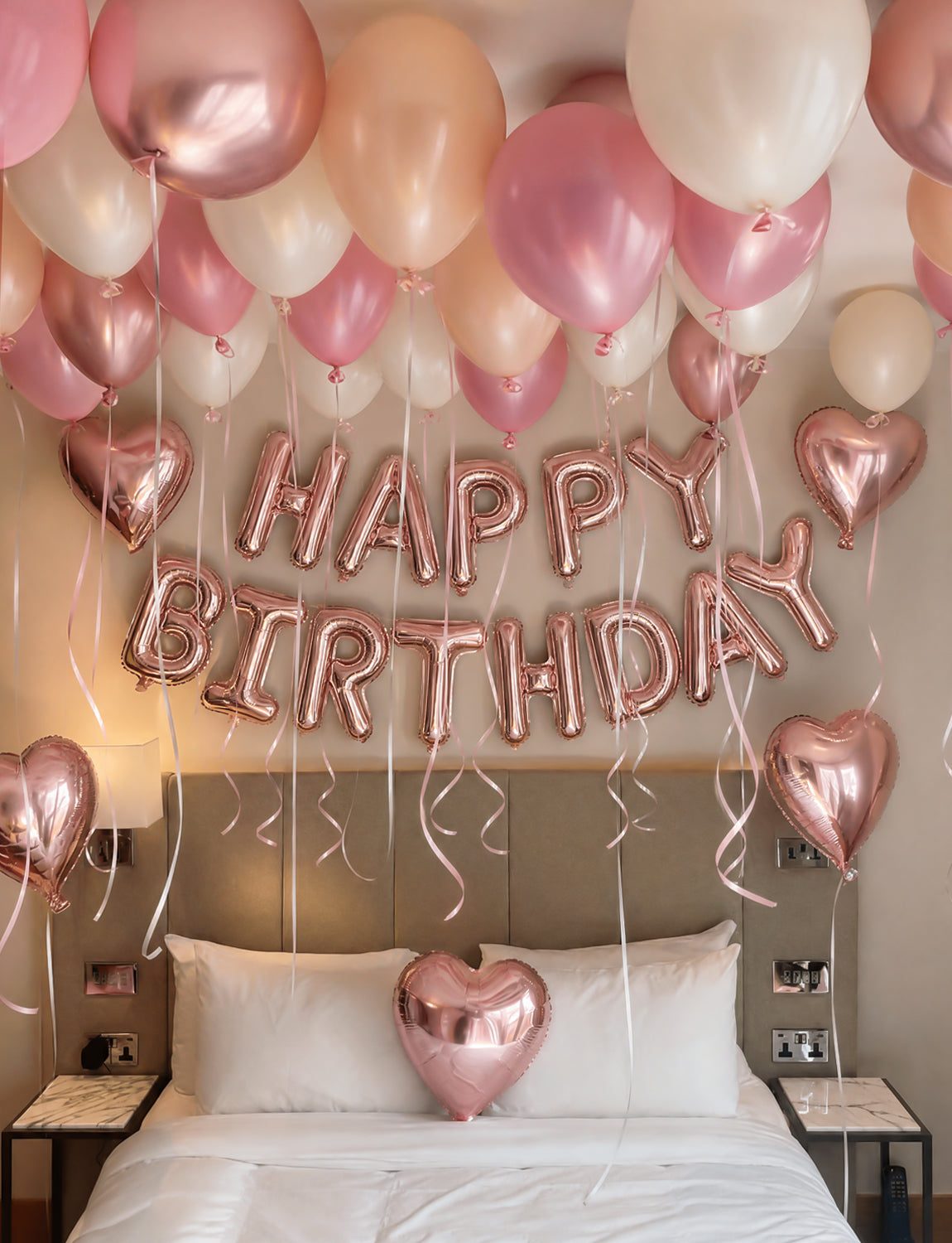 Rose Gold Happy Birthday Balloon Banner - Rose Gold Birthday Decorations with Dusty Pink Nude Sand White Latex Balloons, Heart Foil Balloons for Women Girls Birthdays Party Decorations