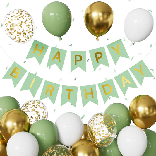 Green and Gold Happy Birthday Banner - Green Party Decorations with 12 Inch White and Gold Happy Birthday balloons Reusable Bunting Banner for Men Women Pet Happy Birth Party Decorations