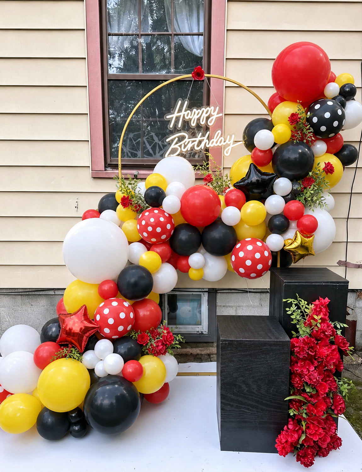Red Black Yellow Balloon Garland Arch Kit for Birthday Party Decor 144 Pcs Different Size Latex Balloons, Polka Dots and star foil Balloon for Cartoon Mouse Theme Baby Shower Anniversary Party