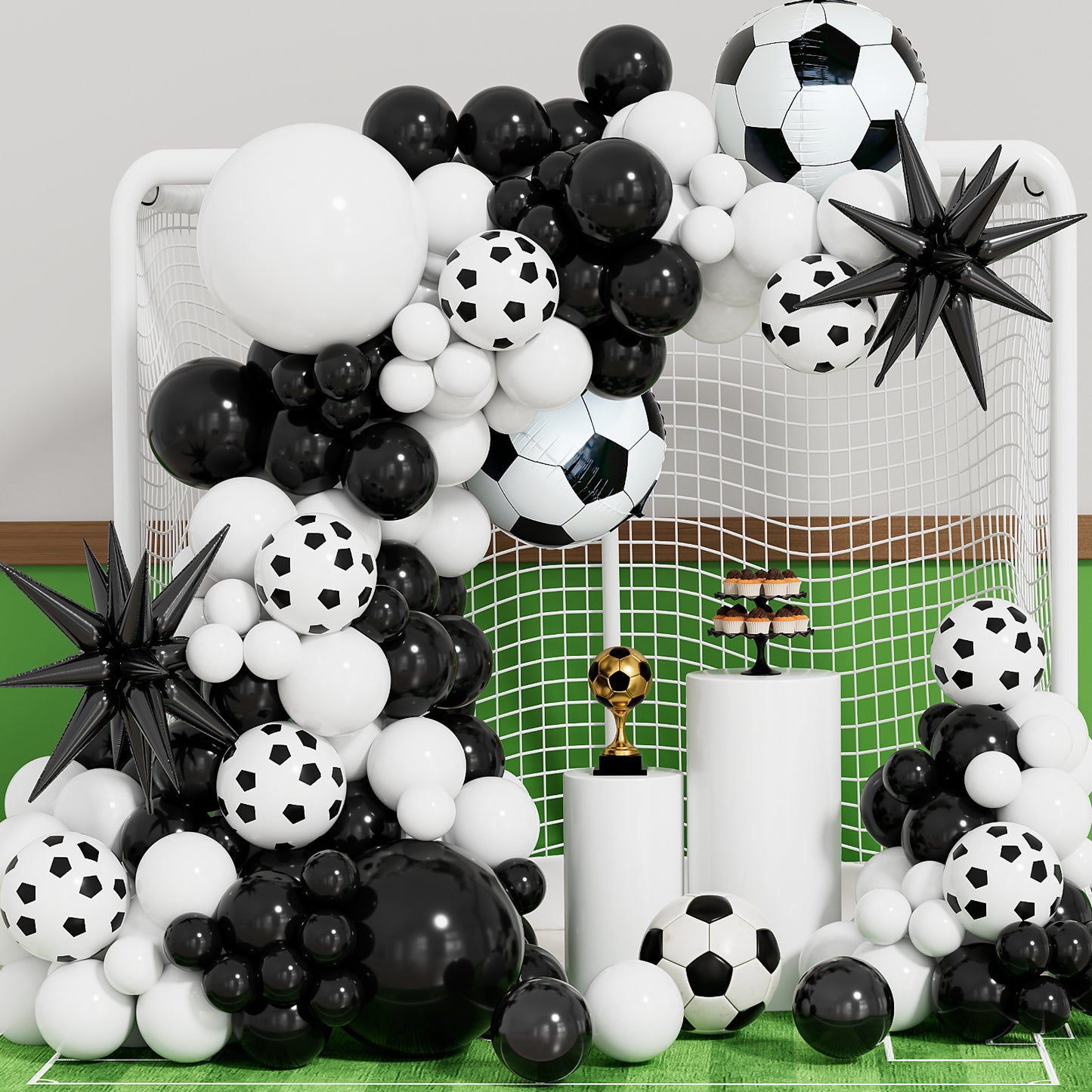 Adeyoo Football Balloon Arch Garland Kit - Black and White Balloons with Football Print Balloons, Soccer Explosion Star Foil Balloon for Birthday Soccer Theme World Cup Party Decorations