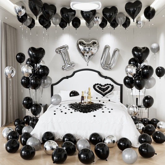 Adeyoo Black Valentines Decorations - Black and Silver Valentines Balloons with Love Heart Foil Balloons, Romantic Rose Petals for Romantic Valentines Day Anniversary Proposal Date Night Decorations