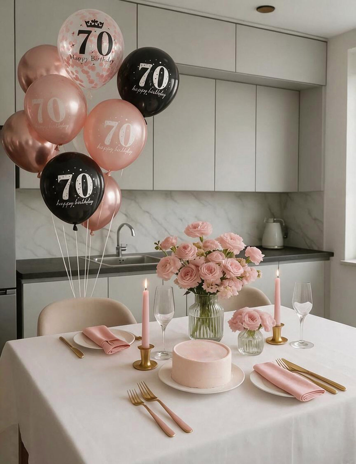 70th Birthday Balloons, Rose Gold and Black Balloons for Party Decor 24 Pcs 12 Inch Happy Birthday Balloons, Metallic and Pearl Rose Gold Balloons with Confetti, 70th Birthday Party Decorations