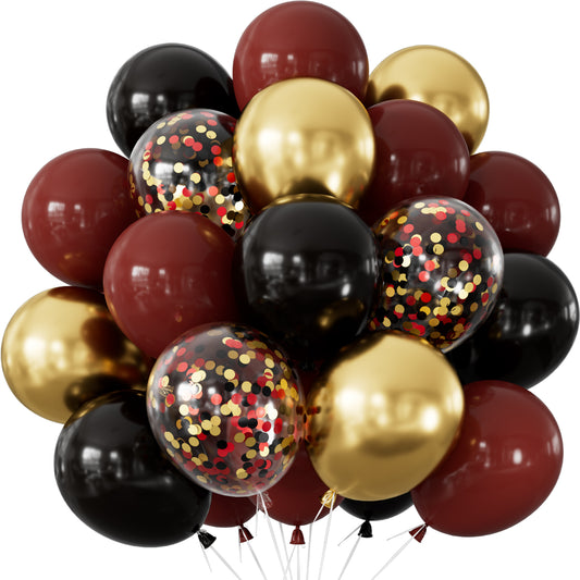 Adeyoo Black Burgundy Gold Balloons - 12 Inch Burgundy and Black Balloons with Gold Metallic Latex Balloon, Glitter Confetti Balloon for Wedding Baby Shower Birthday Anniversary Wine Party Decorations