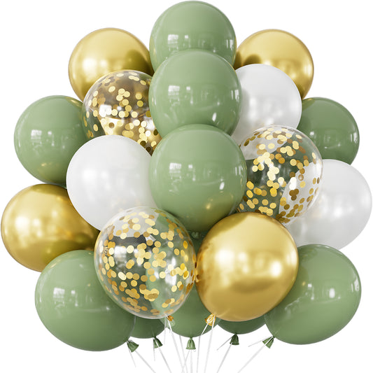 Adeyoo Sage Green and Gold Balloons - 12 Inch Sage Green Balloons, Gold and White Balloon with Latex Confetti Balloon for Birthday Wedding Jungle Baby Shower Safari Forest Party Decorations