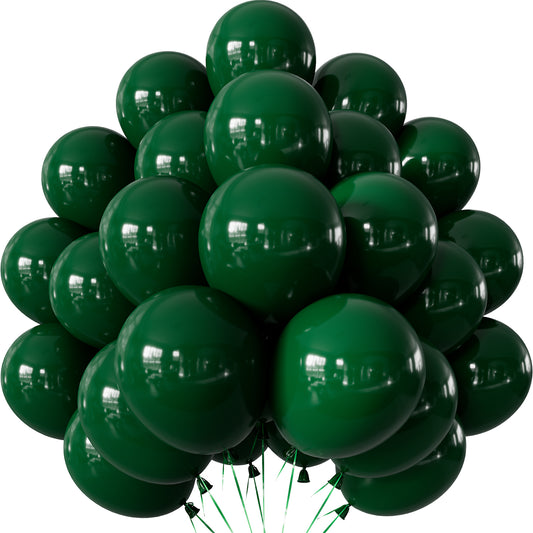 Adeyoo Dark Green Balloons - Forest Green Balloons 12 Inch Round Latex Balloon with Ribbons Shiny Party Balloon for Birthday Football Baby Shower Jungle Safaril Theme Party Decorations, 50Pcs