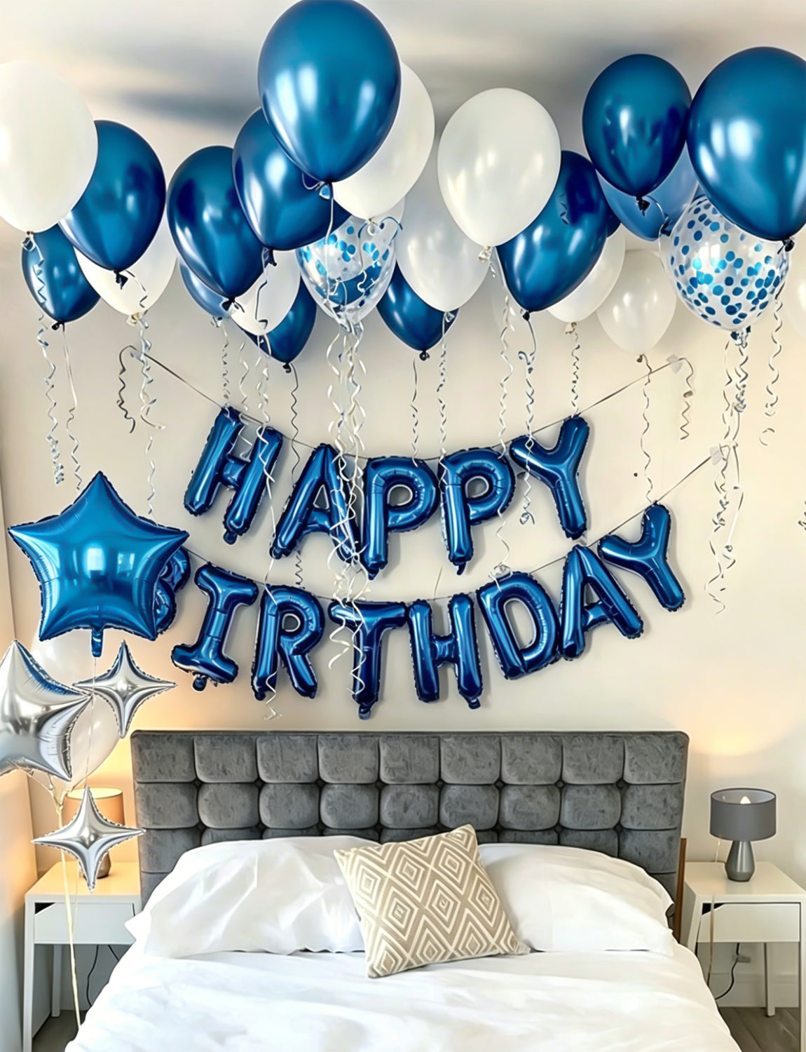 Happy Birthday Decorations - Blue Happy Birthday Balloons with Metallic Blue and White Latex Confetti Balloons, Silver Foil Star Balloons for Men Boys Pet Birthdays Party Decorations