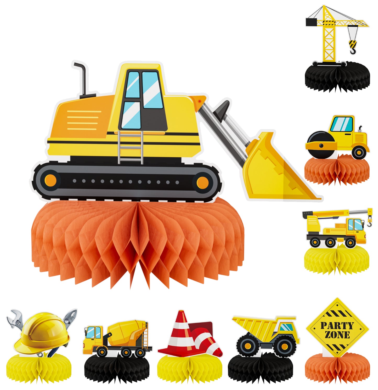 Adeyoo 9Pcs Construction Party Honeycomb Centerpieces Construction Vehicles Table Decorations Trucks Cars Centerpieces for Construction Theme Birthday Party Supplies