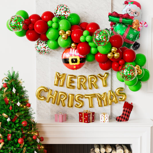Christmas Balloons Kit - Merry Christmas Balloons with Red and Green Gold Balloon, Big Santa Foil HoHo Personalise Balloon for Garland or Arch, Xmas Party Decorations