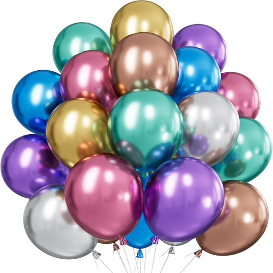 Assorted Metallic Balloons - 12 Inch Colourful Balloons for Party 50Pcs Multicoloured Metallic Balloons in 7 Colours for Birthday Baby Shower Beautiful Wedding Rainbow Theme Party Decorations