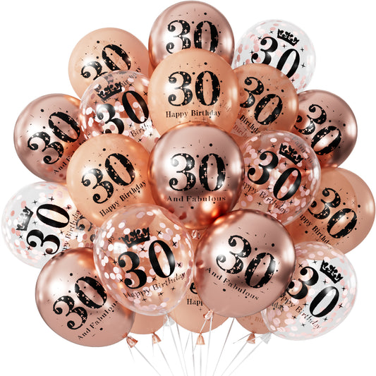 Adeyoo 24Pcs Rose Gold 30th Birthday Balloons - 12Inch Rose Gold Latex Confetti Balloons, Fabulous Happy 30th Birthday Decorations for Women Anniversary Celebration