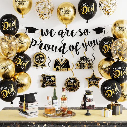 2026 Graduation Decorations - Graduation Party Decorations with We Are So Proud of You Banner Hanging Swirls, Black and Gold Print Balloons for Graduations Class of 2026 Leavers Party Supplies