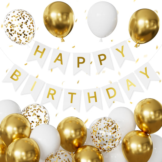 Gold Happy Birthday Banner - 12 Inch White and Gold Balloons with Reusable Happy Birthday Banner Glitter Party Decorations for Men Women Pet, Photo Shoot Supplies