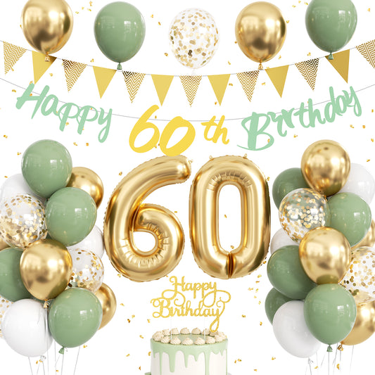60th Birthday Decorations with 60th Birthday Banner for Women Men Sage Green Gold White Balloons, Number 60 Foil Balloon, Gold Bunting, Cake Topper for 60th Anniversary Birthday Party Decor