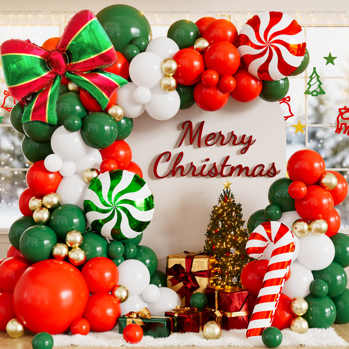 Christmas Balloon Garland Arch Kit, Red Green Gold Christmas Balloon 131 Pcs Red Green White Gold Latex Balloons with Christmas Bow, Candy Cane Foil Balloons for Christmas New Year Party Decor
