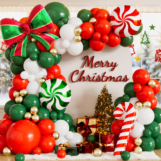 Christmas Balloon Garland Arch Kit, Red Green Gold Christmas Balloon 131 Pcs Red Green White Gold Latex Balloons with Christmas Bow, Candy Cane Foil Balloons for Christmas New Year Party Decor