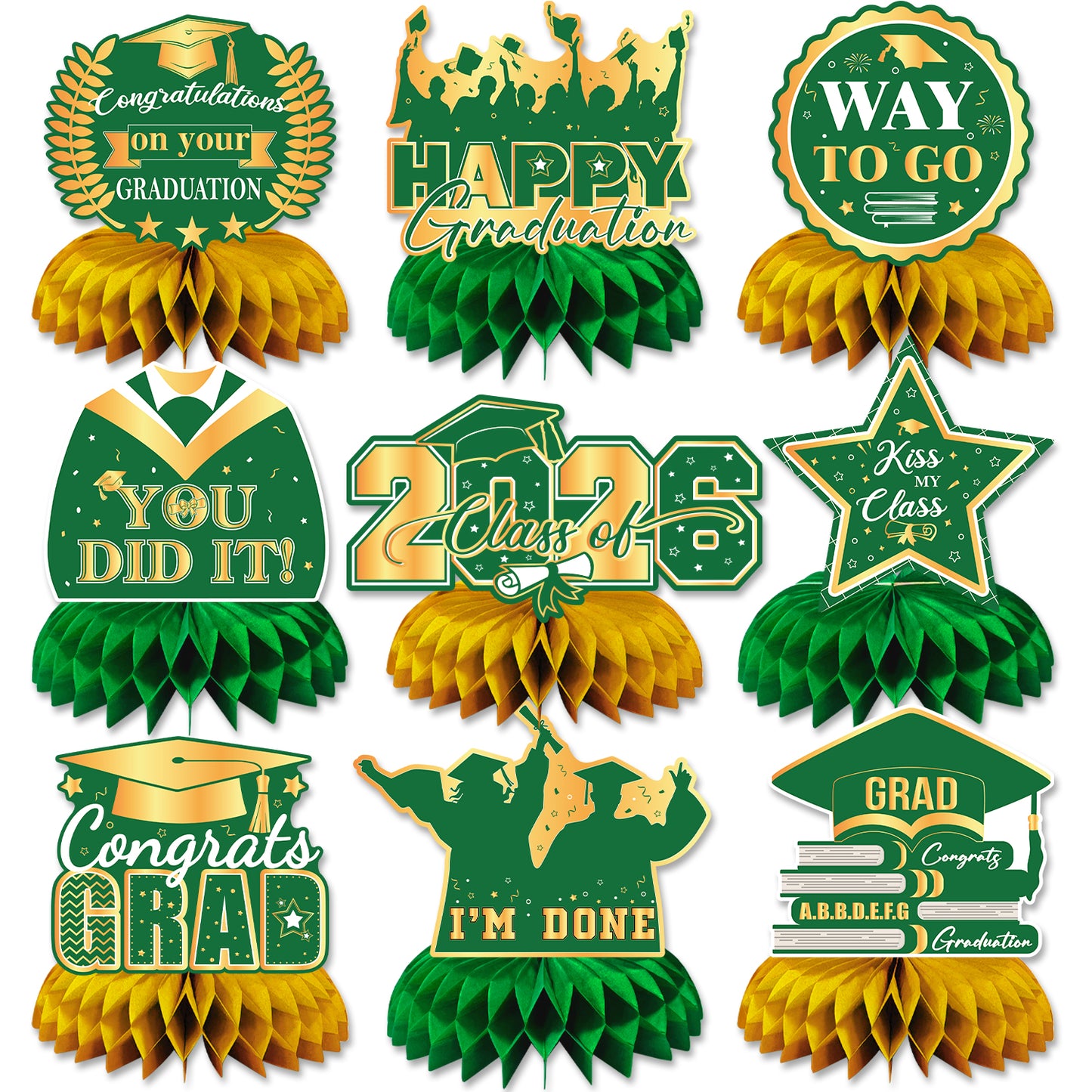 Graduation Table Decorations Class of 2026, 9Pcs Graduation Centerpieces for Tables Green Gold Honeycomb Centerpiece Congrats Grad Table Toppers Congratulate Decorations for Grad Party Supplies