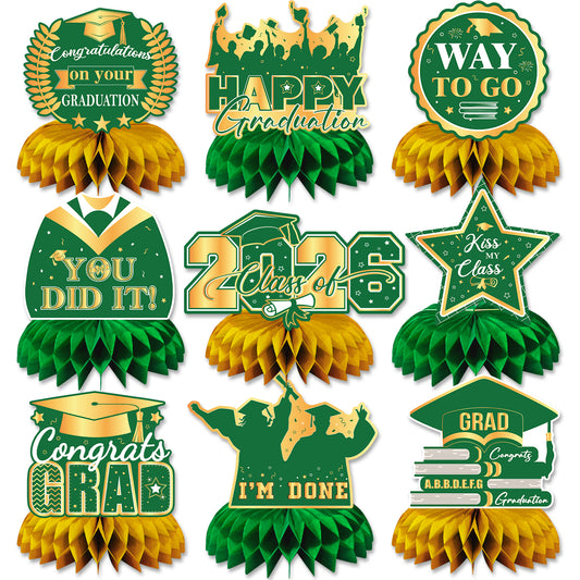 Graduation Table Decorations Class of 2026, 9Pcs Graduation Centerpieces for Tables Green Gold Honeycomb Centerpiece Congrats Grad Table Toppers Congratulate Decorations for Grad Party Supplies