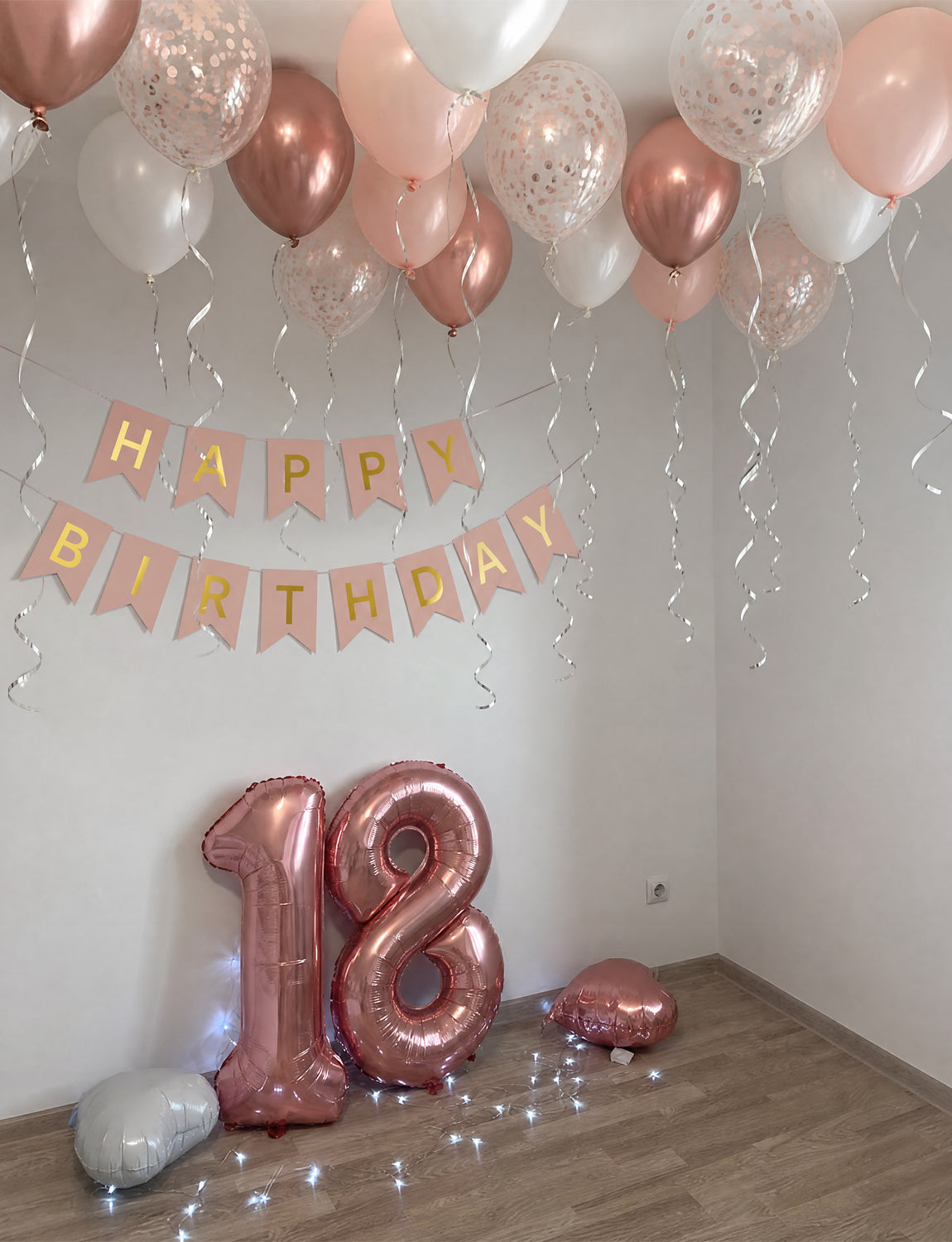 Rose Gold Birthday Decorations - Happy Birthday Banners with 12 Inch Rose Gold Latex Confetti Balloons Reusable Bunting Banner for Girls Women Pet Happy Birth Party Decorations