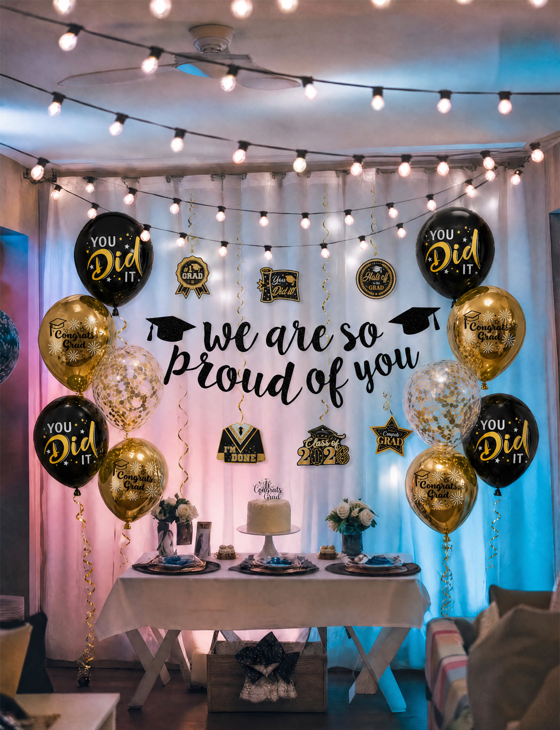 2026 Graduation Decorations - Graduation Party Decorations with We Are So Proud of You Banner Hanging Swirls, Black and Gold Print Balloons for Graduations Class of 2026 Leavers Party Supplies