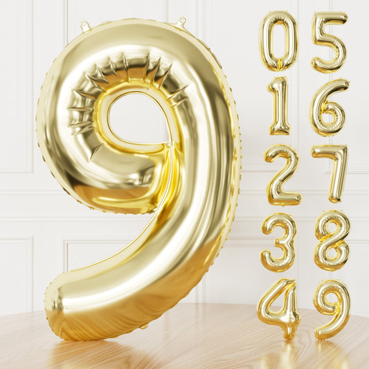 Adeyoo Gold Number 9 Balloon - 40" Large Champagne Gold Digital 9 Balloon for Boys Girls 9th Birthday, Self Inflating Number Balloons 0-9 for Women Men Birthday Anniversary Party Decorations