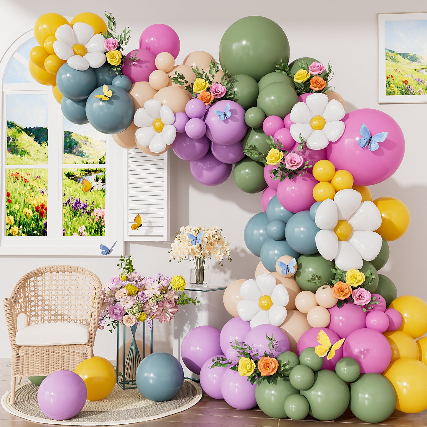 Daisy Balloons Arch Kit Garland - 152Pcs Pastel Balloon Arch with Daisy Foil Balloon, Colourful Fairy Balloons for Birthday Spring Baby Shower Wedding Easter Theme Party Decorations