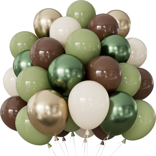 Adeyoo Green and Brown Balloons, 50 Pcs 12-Inch Safari Party Decorations with Sage Green and Metallic Gold Latex Balloons for Hunting Birthday, Woodland Camping, and Baby Shower Supplies