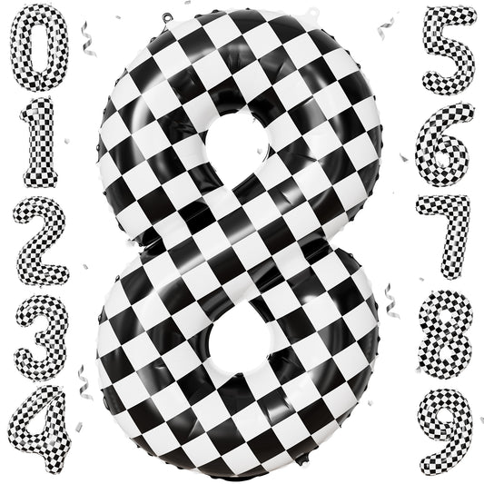 40 Inch Checkered Number 8 Balloon for Racing Birthday Decorations Large Number 8 Balloon, Black and White Foil Balloon for Birthday, Baby Shower, Race Car and Checkered Flag Party Decorations