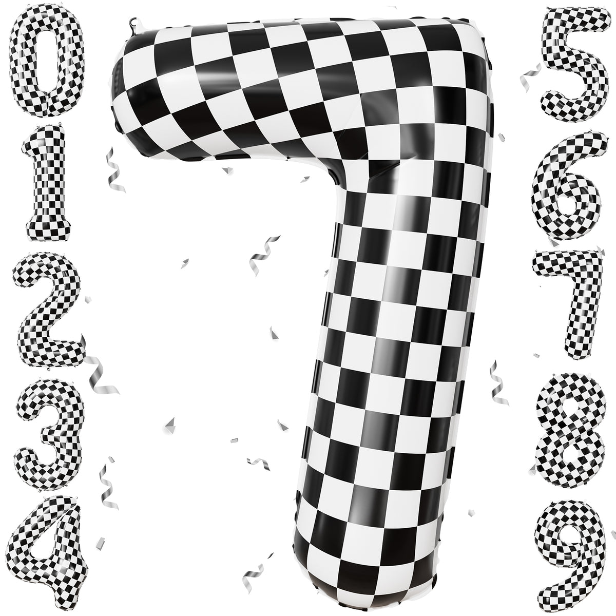 40 Inch Checkered Number 7 Balloon for Racing Birthday Decorations Large Number 7 Balloon, Black and White Foil Balloon for Birthday, Baby Shower, Race Car and Checkered Flag Party Decorations