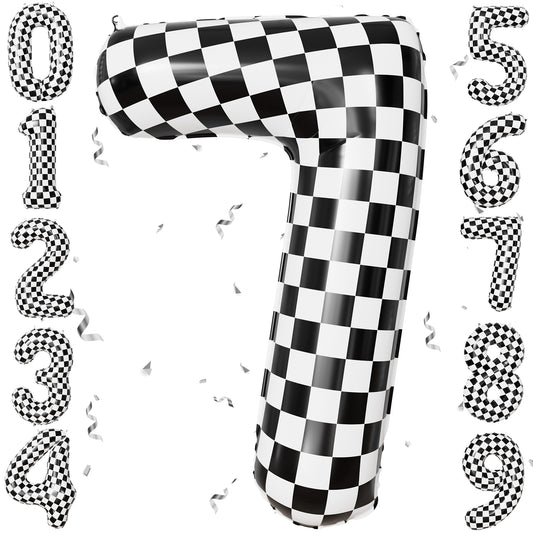 40 Inch Checkered Number 7 Balloon for Racing Birthday Decorations Large Number 7 Balloon, Black and White Foil Balloon for Birthday, Baby Shower, Race Car and Checkered Flag Party Decorations