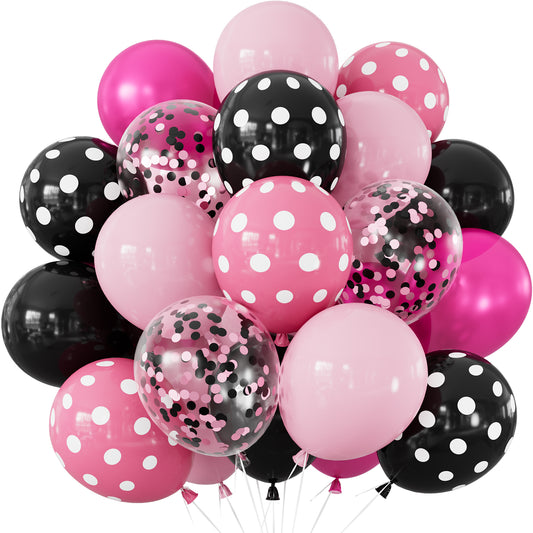 Pink and Black Balloons, 50 PCS 12 Inch Black Pink Polka Dot Balloon Baby Pink Balloons, Pearl Hot Pink and Pink Black Confetti Balloons for Girls Mouse Theme Birthday Baby Shower Party Decor