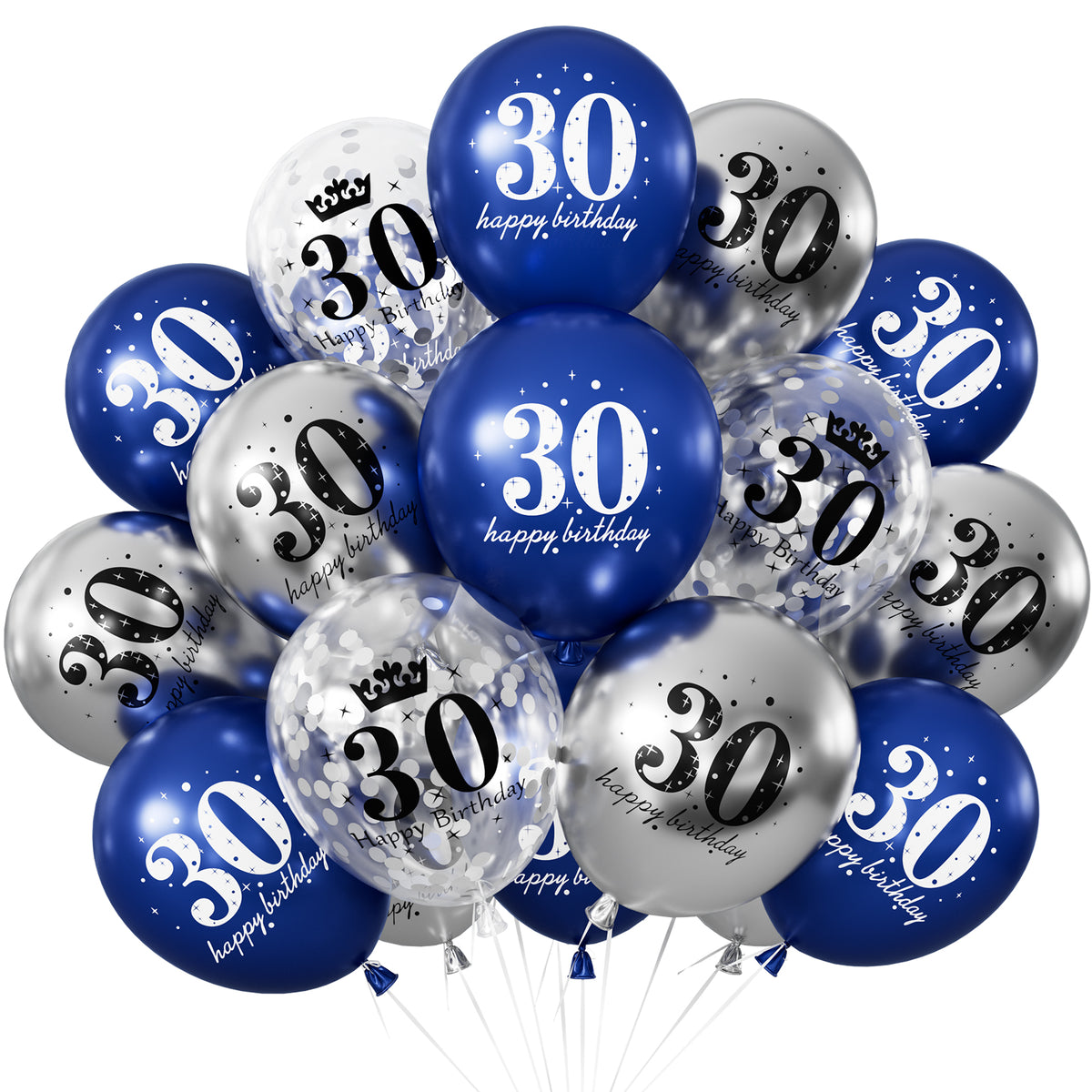 30th Birthday Balloons - 24Pcs Blue and Silver Balloons for birthday 12 Inch Happy Birthday Balloons, Navy Blue and Silver Confetti Balloons for Boys & Girls, 30th Birthday Party Decorations