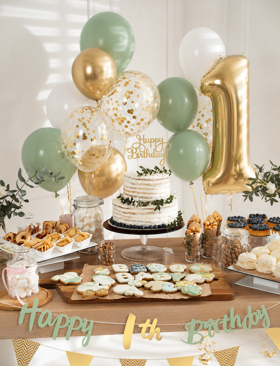 1st Birthday Decoration for Boy Girl, Sage Green Gold White Balloons 1st Birthday Banner , Number 1 Balloon, Gold Bunting, Cake Topper for Baby Wild One Party First Birthday Decorations