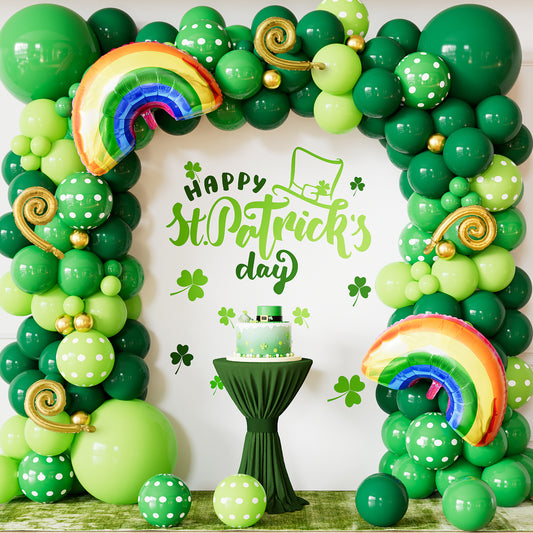 St. Patrick’s Day Balloon Garland Arch Kit, 114Pcs Green Balloon Arch Kit with Polka Dot, Metallic Gold Balloons, Large Rainbow Foil Balloons for St. Patrick's Day Party Decorations