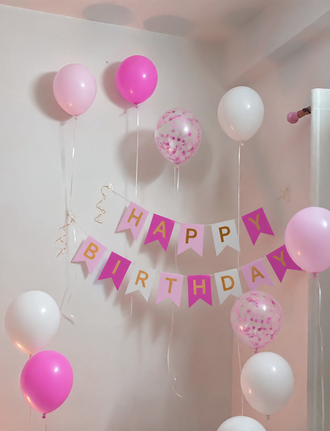 Pink Birthday Decorations - Happy Birthday Banner with 12 Inch Pink and White Latex Confetti Balloons Reusable Bunting Banner for Girls Women Pet Happy Birth Party Decorations