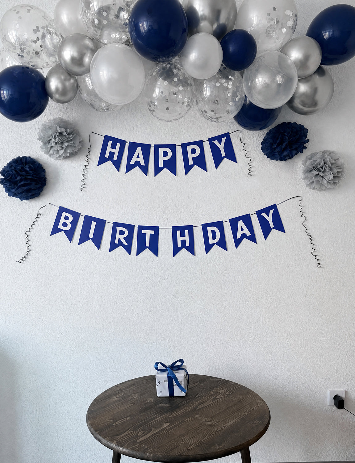 Navy Blue Birthday Banner - Blue Happy Birthday Banner with 12 Inch Navy White Silver Latex Confetti Balloons Reusable Bunting Banners for Girls Women Pet Happy Birth Party Decorations
