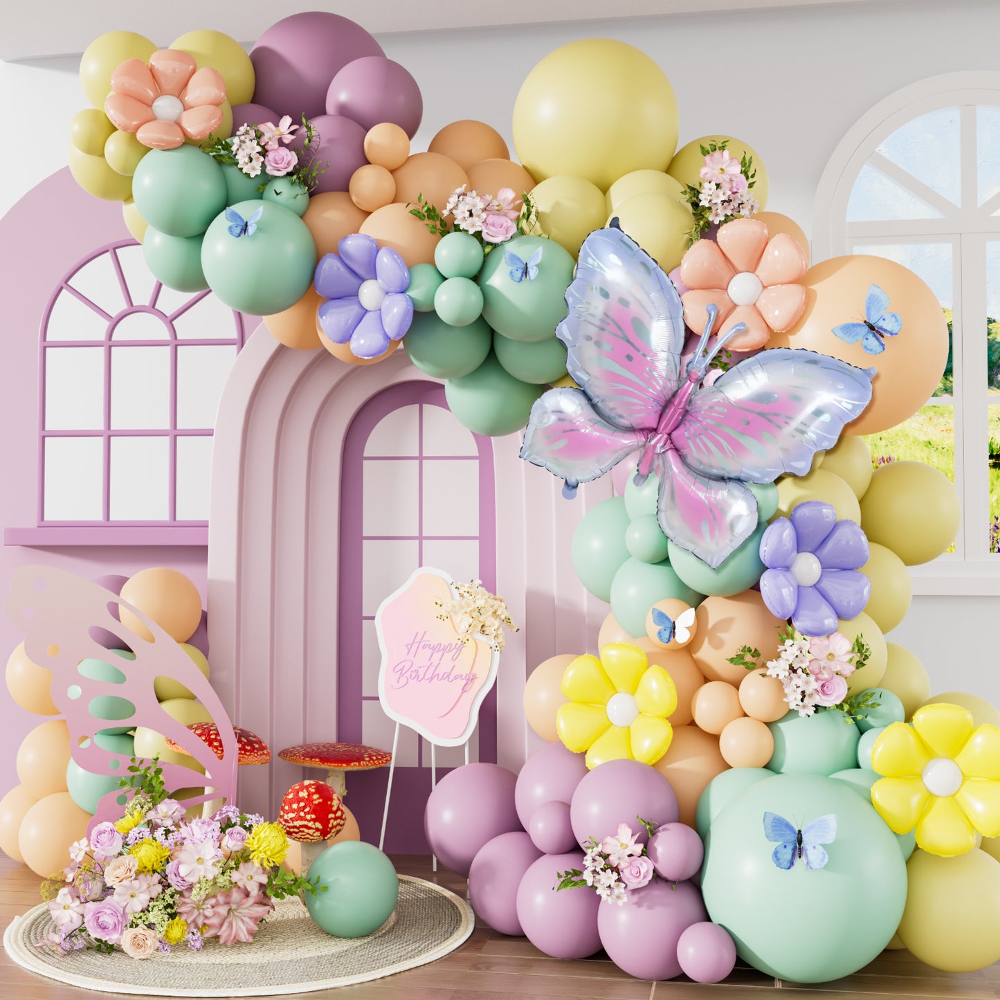Butterfly Balloon Arch Kit Garland - 141Pcs Pastel Daisy Balloons Arch with Butterfly Foil Balloon Different Sizes Pastel Balloons for Easter Birthday Spring Baby Shower Boho Party Decorations