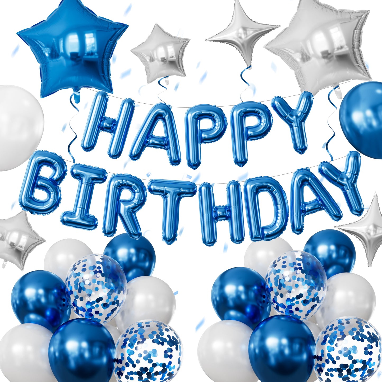 Happy Birthday Decorations - Blue Happy Birthday Balloons with Metallic Blue and White Latex Confetti Balloons, Silver Foil Star Balloons for Men Boys Pet Birthdays Party Decorations