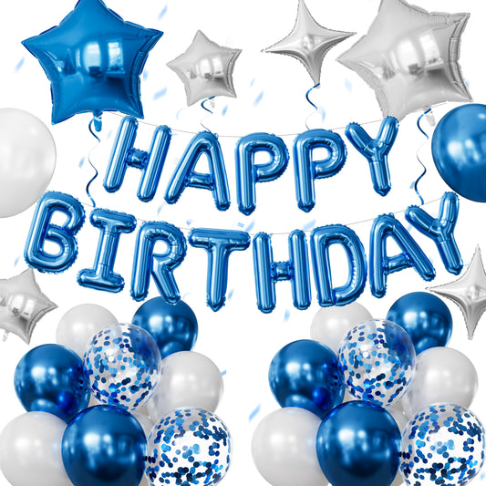 Happy Birthday Decorations - Blue Happy Birthday Balloons with Metallic Blue and White Latex Confetti Balloons, Silver Foil Star Balloons for Men Boys Pet Birthdays Party Decorations