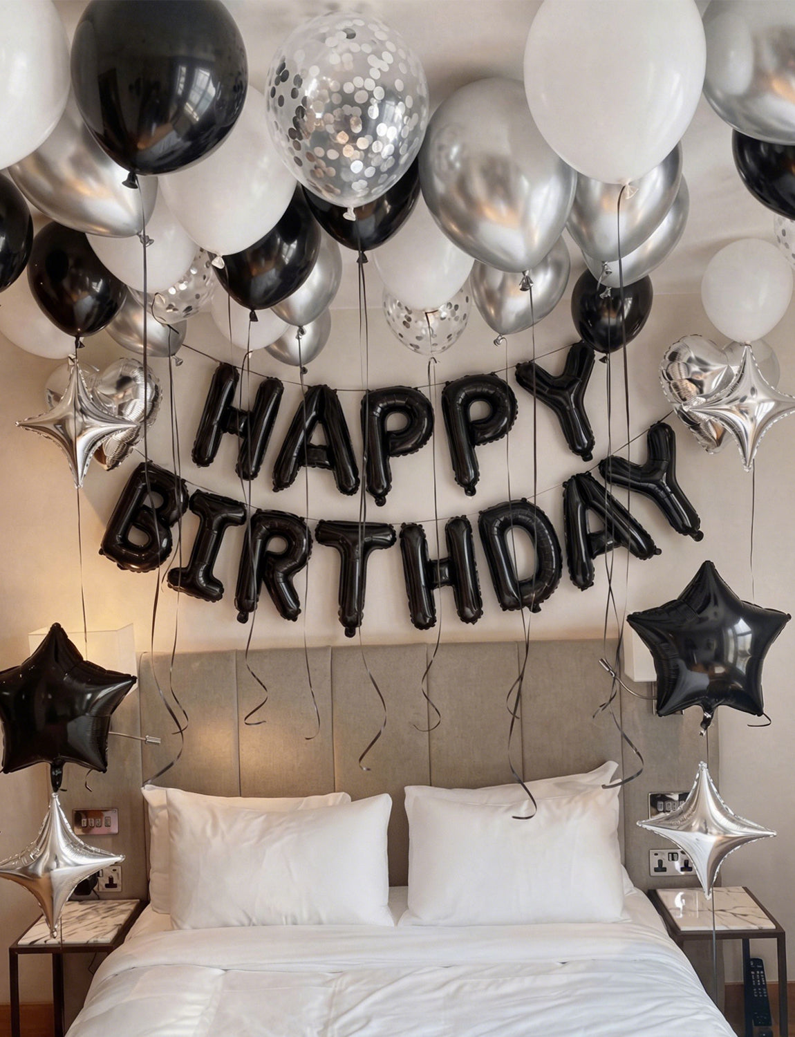 Black Happy Birthday Balloons - Happy Birthday Banner Balloons with Black White Silver Latex Confetti Balloon, Star Foil Balloon for Men Boys Birthdays Party Decorations, Photo Shoot Supplies