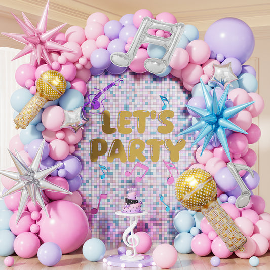 Pink Purple Blue Balloon Garland Arch Kit, Pastel Balloons with Microphone, Music Notes & Star Foil Balloons for Girls Birthday, Karaoke, Pop Music Theme Party Decorations