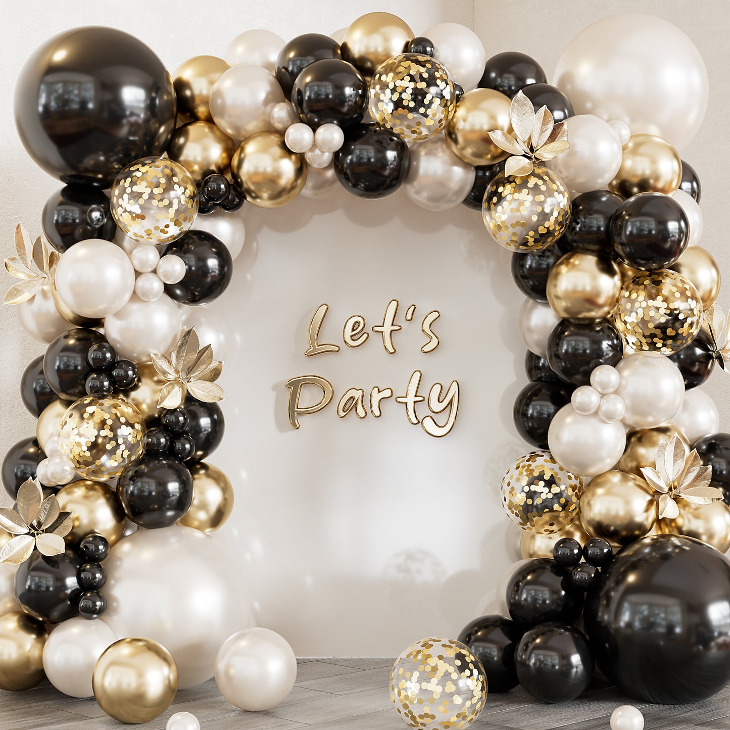 Black Gold White Balloon Arch Garland Kit - Double Stuffed Pearl White Balloons with Black, Gold & Confetti Balloons for Wedding, Bridal Shower, Birthday, Graduation Party Decorations