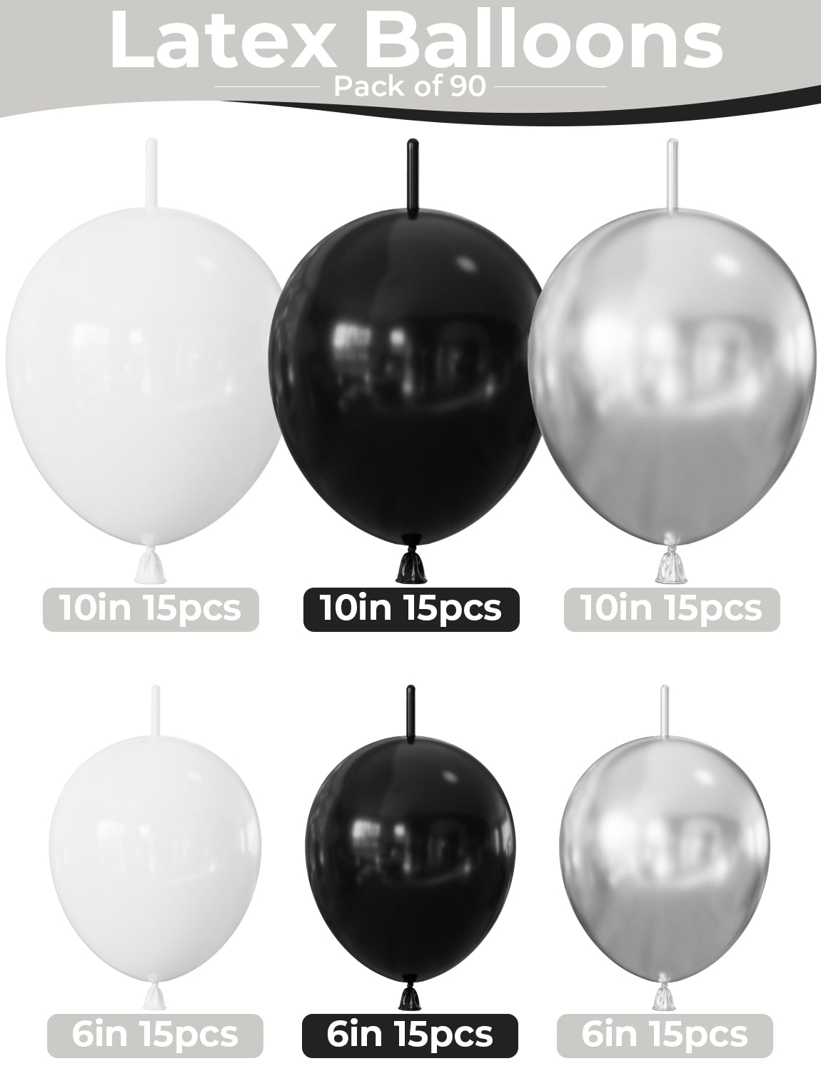 Black White and Silver Linking Balloons, 90Pcs Quick Link Balloons for Balloon Arch, Chain & Wall Decorations, Birthday, Graduation & Anniversary Party Decorations, 6 Inch and 10 Inch